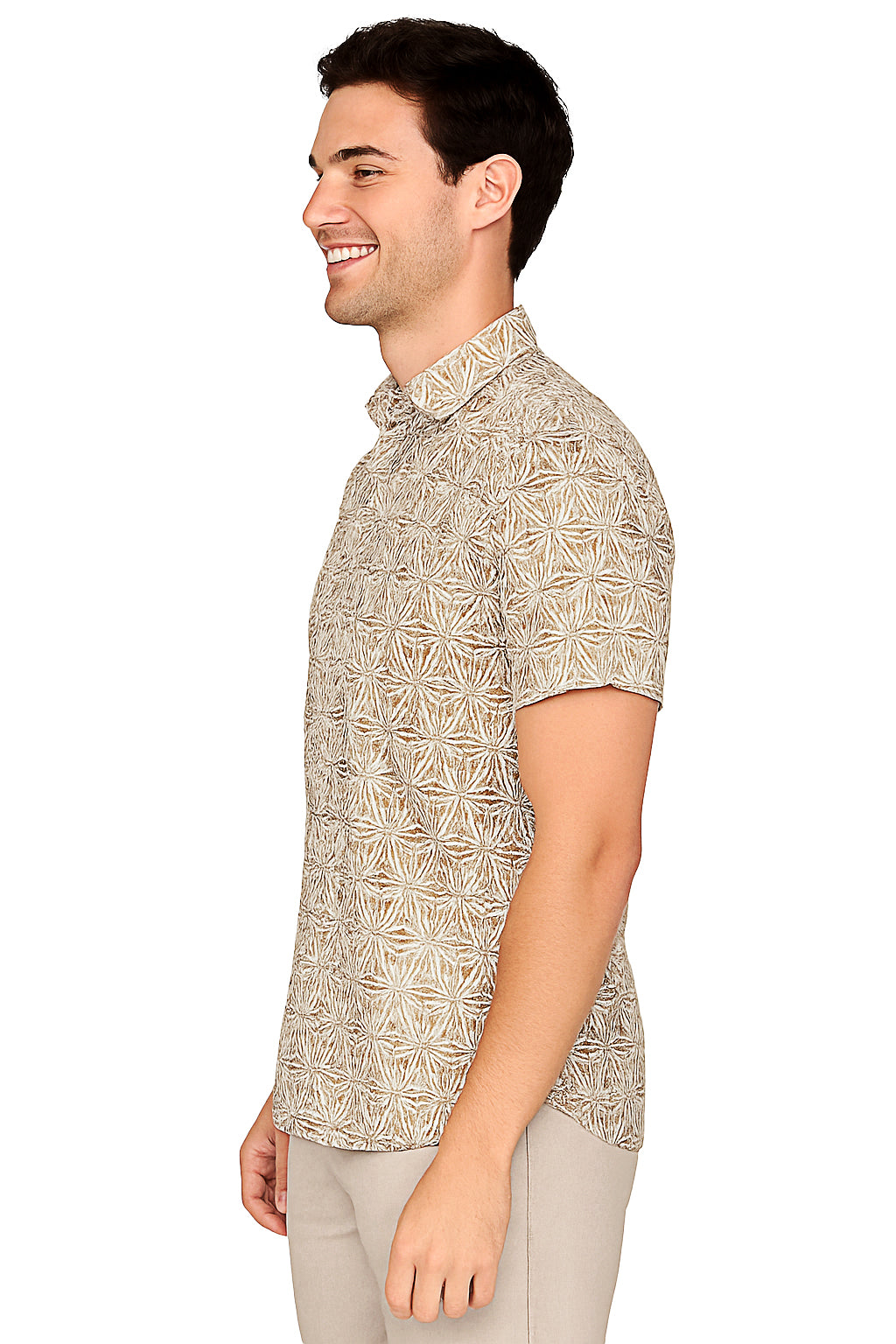 Men Cotton-Gauze Print Short Sleeve Shirt - WHITE/NATURAL - BOHIO - MCS3702 - 6 PCS/PRE-PACK