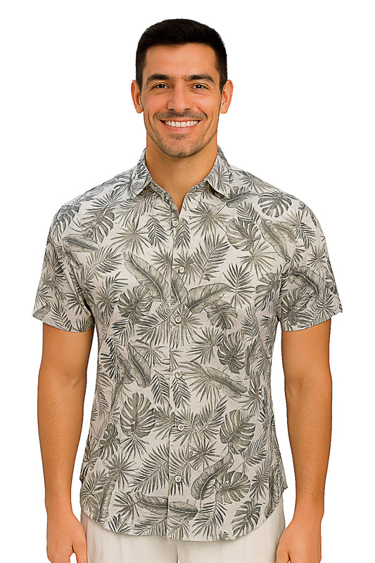 Men Cotton-Gauze Print Short Sleeve Shirt - WHITE/SAGE - BOHIO - MCS3703 - 6 PCS/PRE-PACK
