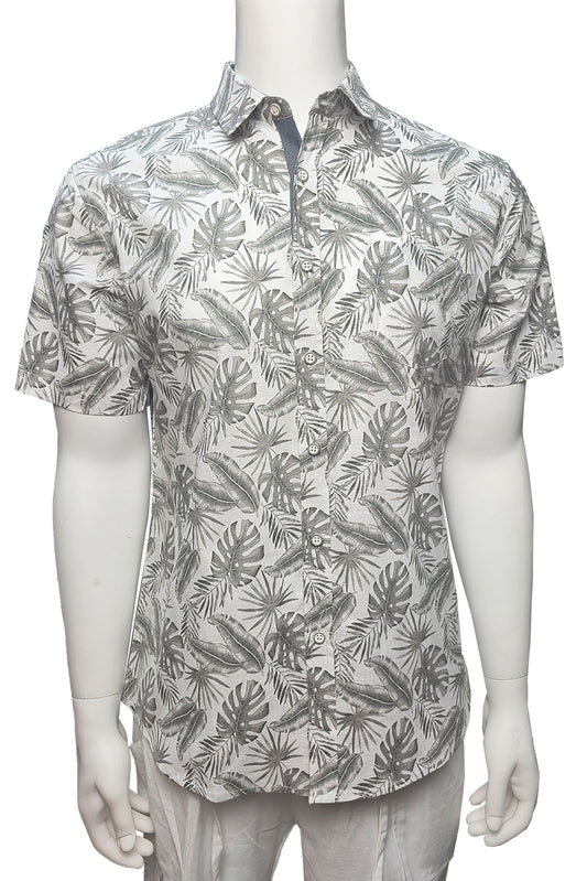 Men Cotton-Gauze Print Short Sleeve Shirt - WHITE/SAGE - BOHIO - MCS3703-P