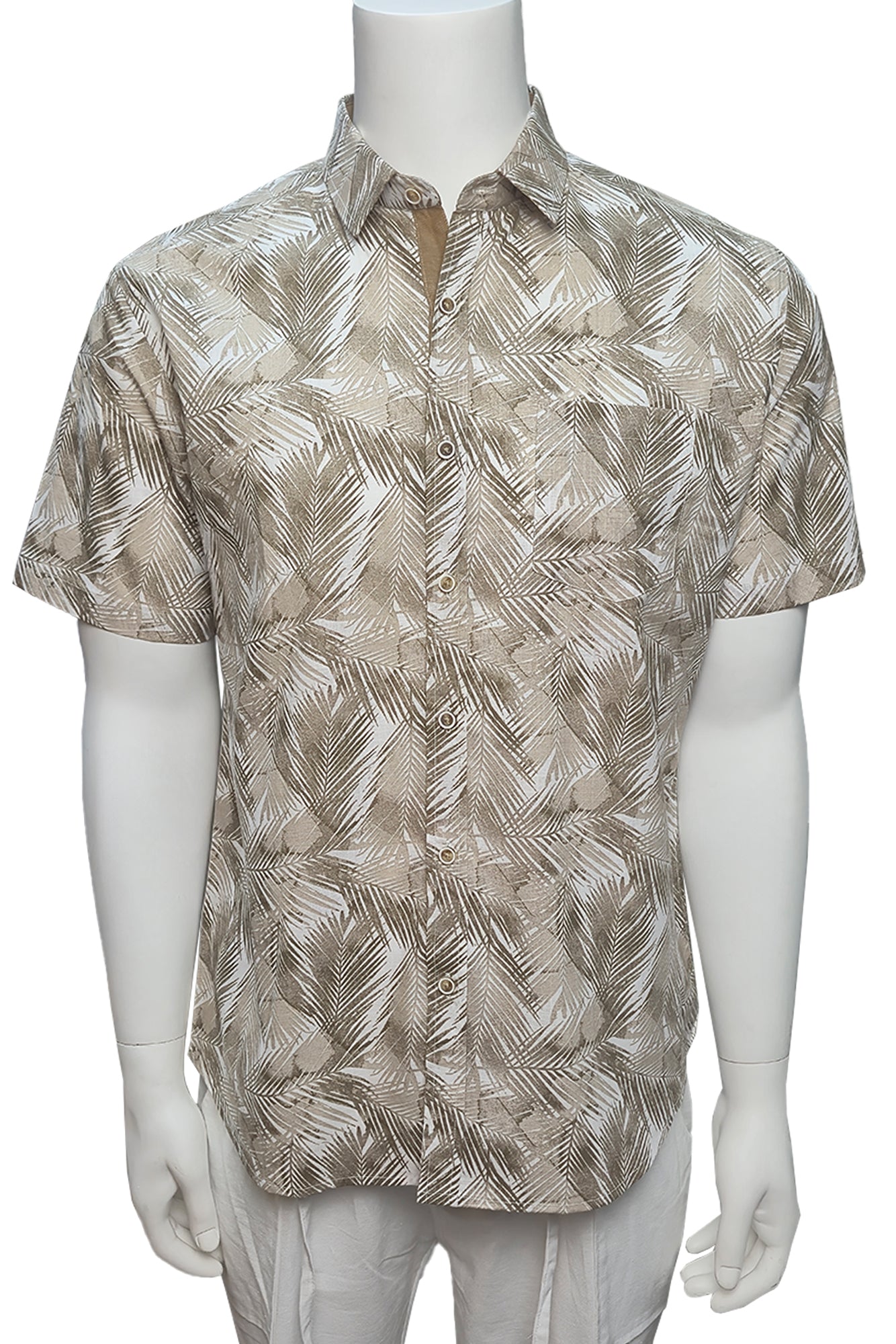 Men Cotton-Gauze Print Short Sleeve Shirt - IVORY/BEIGE- BOHIO - MCS3704 - 6 PCS/PRE-PACK