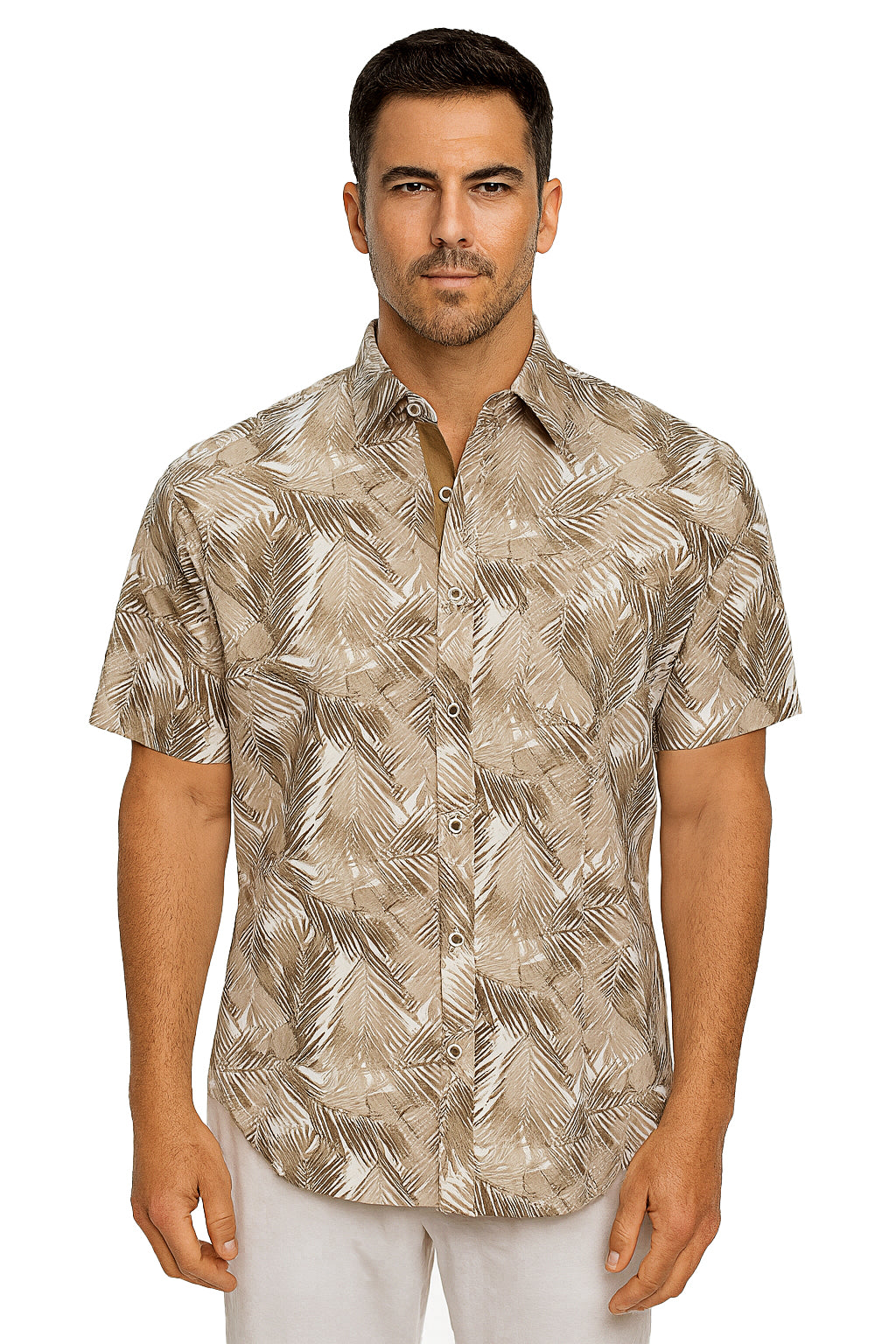 Men Cotton-Gauze Print Short Sleeve Shirt - IVORY/BEIGE- BOHIO - MCS3704 - 6 PCS/PRE-PACK