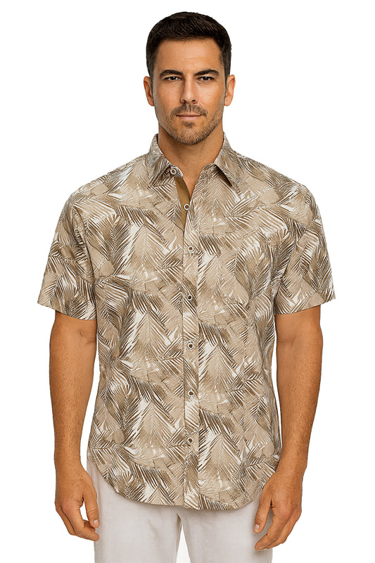 Men Cotton-Gauze Print Short Sleeve Shirt - IVORY/BEIGE- BOHIO - MCS3704 - 6 PCS/PRE-PACK
