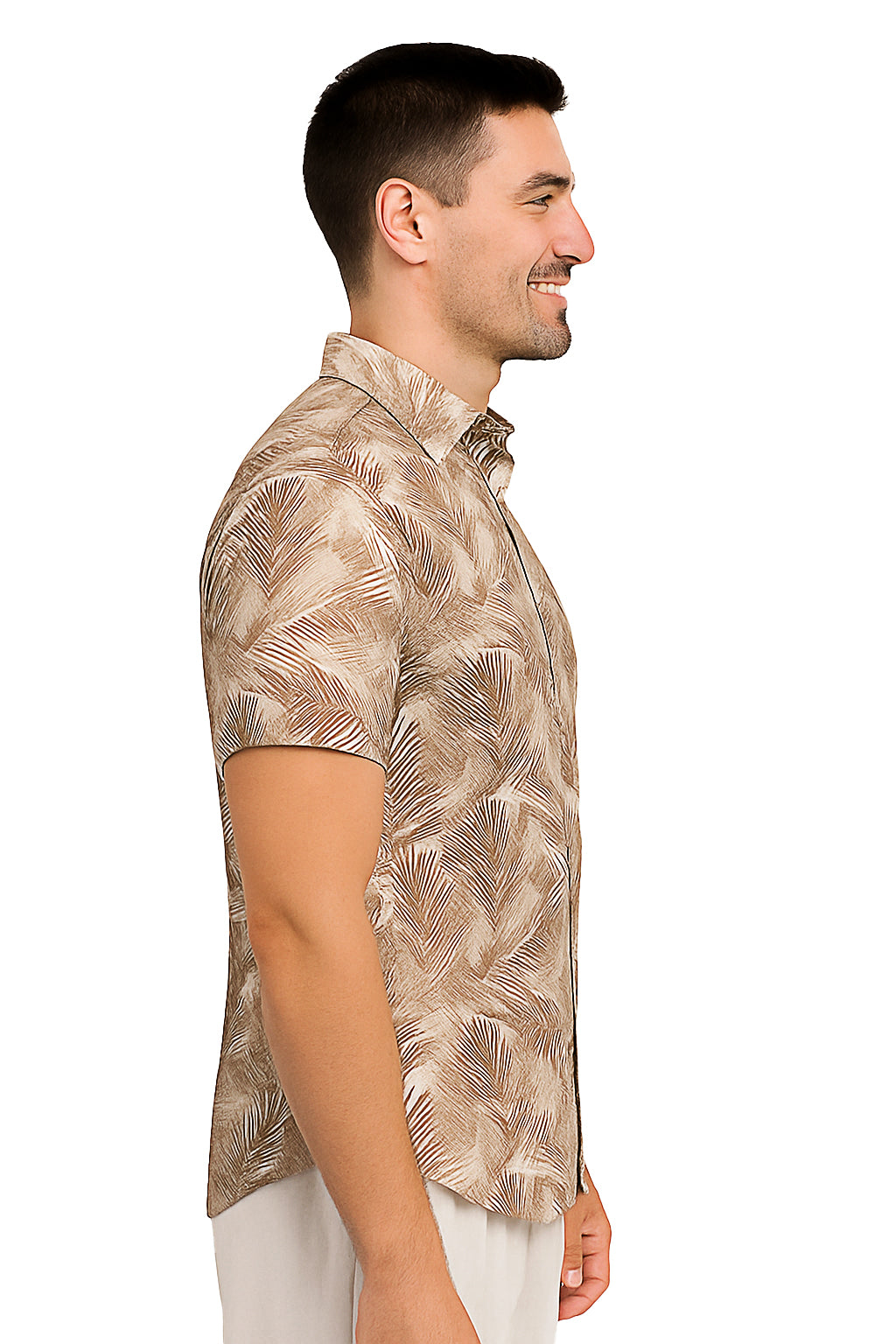 Men Cotton-Gauze Print Short Sleeve Shirt - IVORY/BEIGE- BOHIO - MCS3704 - 6 PCS/PRE-PACK