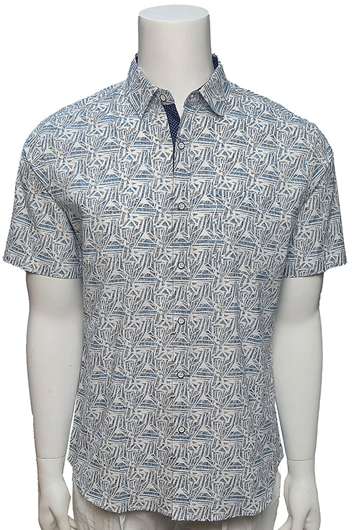 Men Cotton-Gauze Print Short Sleeve Shirt - WHITE/BLUE- BOHIO - MCS3705-P