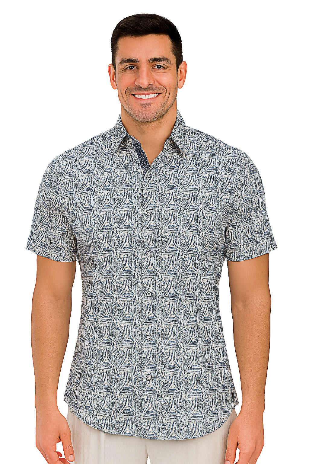 Men Cotton-Gauze Print Short Sleeve Shirt - WHITE/BLUE- BOHIO - MCS3705 - 6 PCS/PRE-PACK