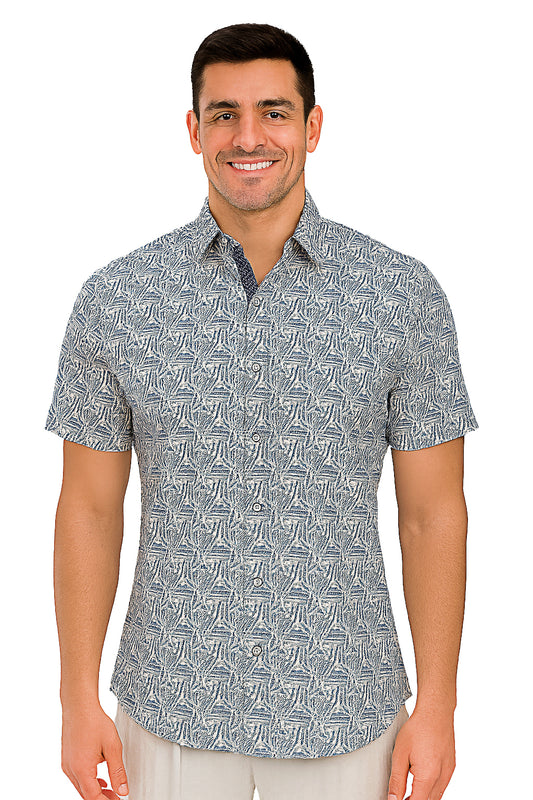 Men Cotton-Gauze Print Short Sleeve Shirt - WHITE/BLUE- BOHIO - MCS3705 - 6 PCS/PRE-PACK