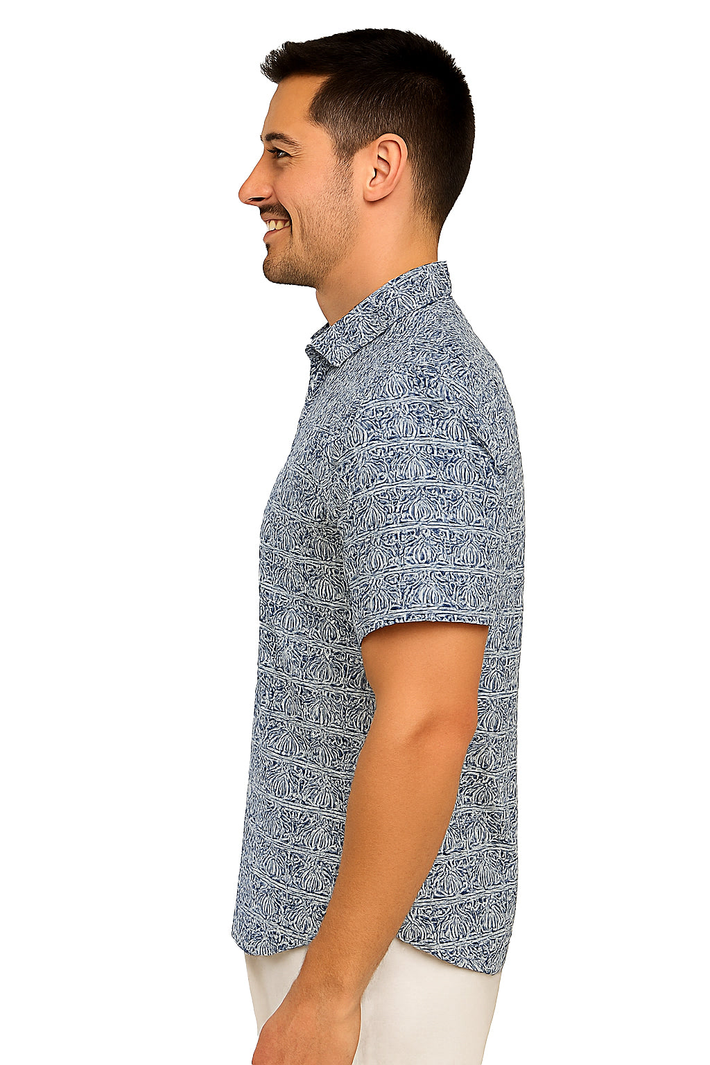 Men Cotton-Gauze Print Short Sleeve Shirt - WHITE/BLUE- BOHIO - MCS3705 - 6 PCS/PRE-PACK