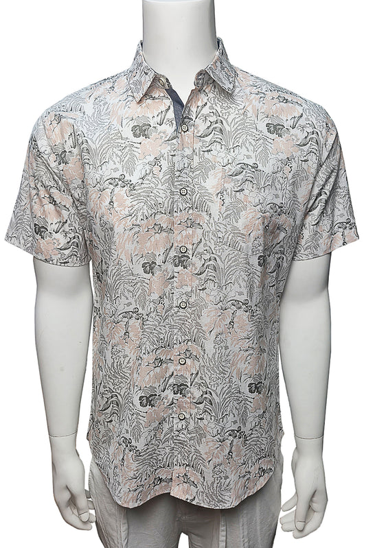 Men Cotton-Gauze Print Short Sleeve Shirt - WHITE/PINK- BOHIO - MCS3706-P
