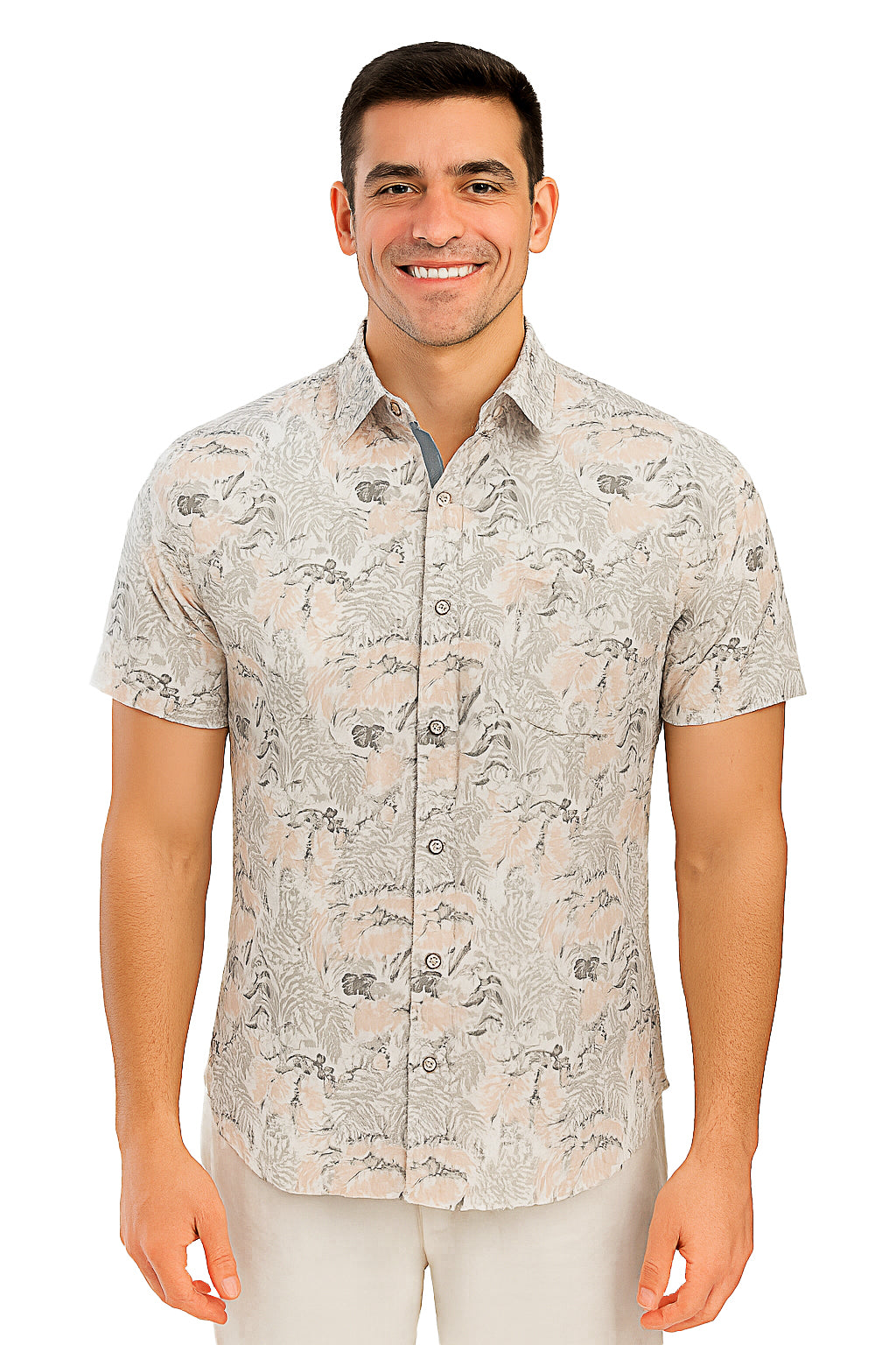 Men Cotton-Gauze Print Short Sleeve Shirt - WHITE/PINK- BOHIO - MCS3706 - 6 PCS/PRE-PACK