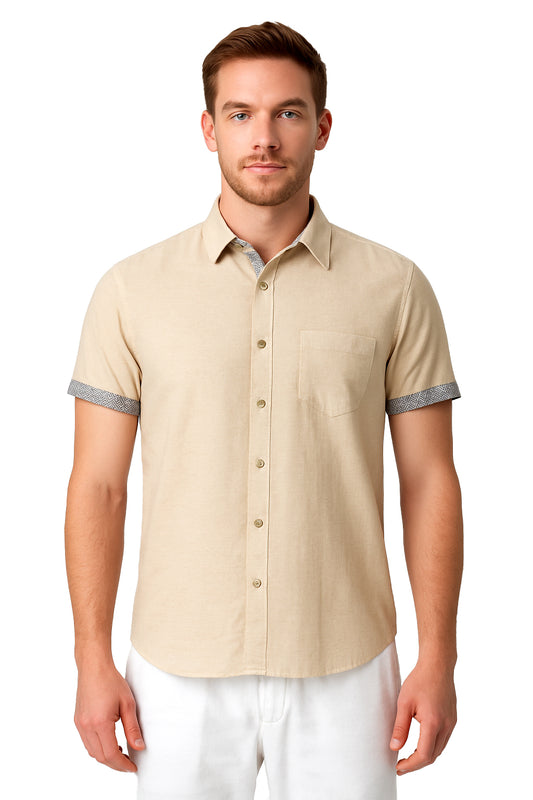 Men's LINEN LOOK S/S Button Down Shirt Contrast Slv Trim - BEIGE - MCSP3347 - 8 PCS/PRE-PACK