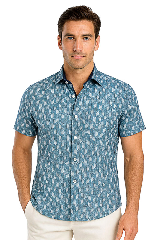 Men's Performance S/S Button-Down Stretch Shirt-TEAL PRINT-MCX2414 - 6 PCS/PRE-PACK