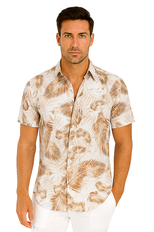 Men's S/S Button-Down Poly/Spandex Stretch Shirt-BEIGE PRINT-MCX2422 - 6 PCS/PRE-PACK
