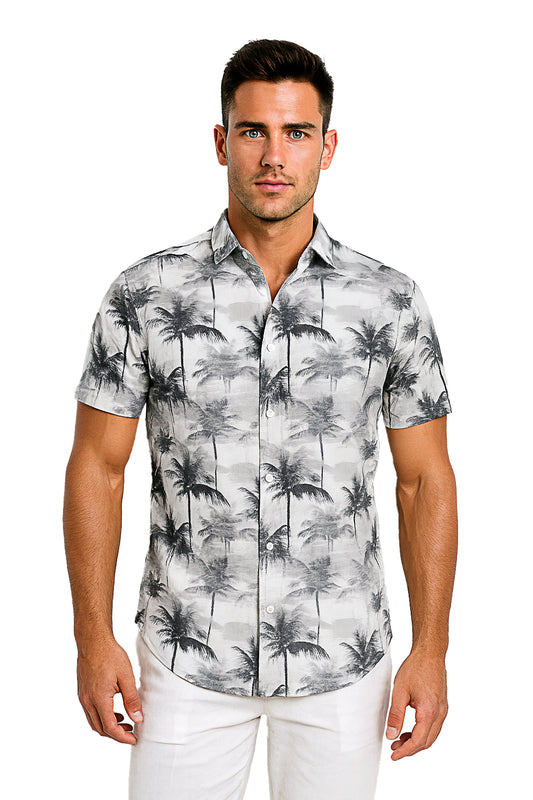 Men's S/S Button-Down Poly/Spandex Stretch Shirt-GRAY PRINT-MCX2423 - 6 PCS/PRE-PACK