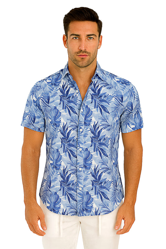 Men's S/S Button-Down Poly/Spandex Stretch Shirt-BLUE PRINT-MCX2424 - 6 PCS/PRE-PACK