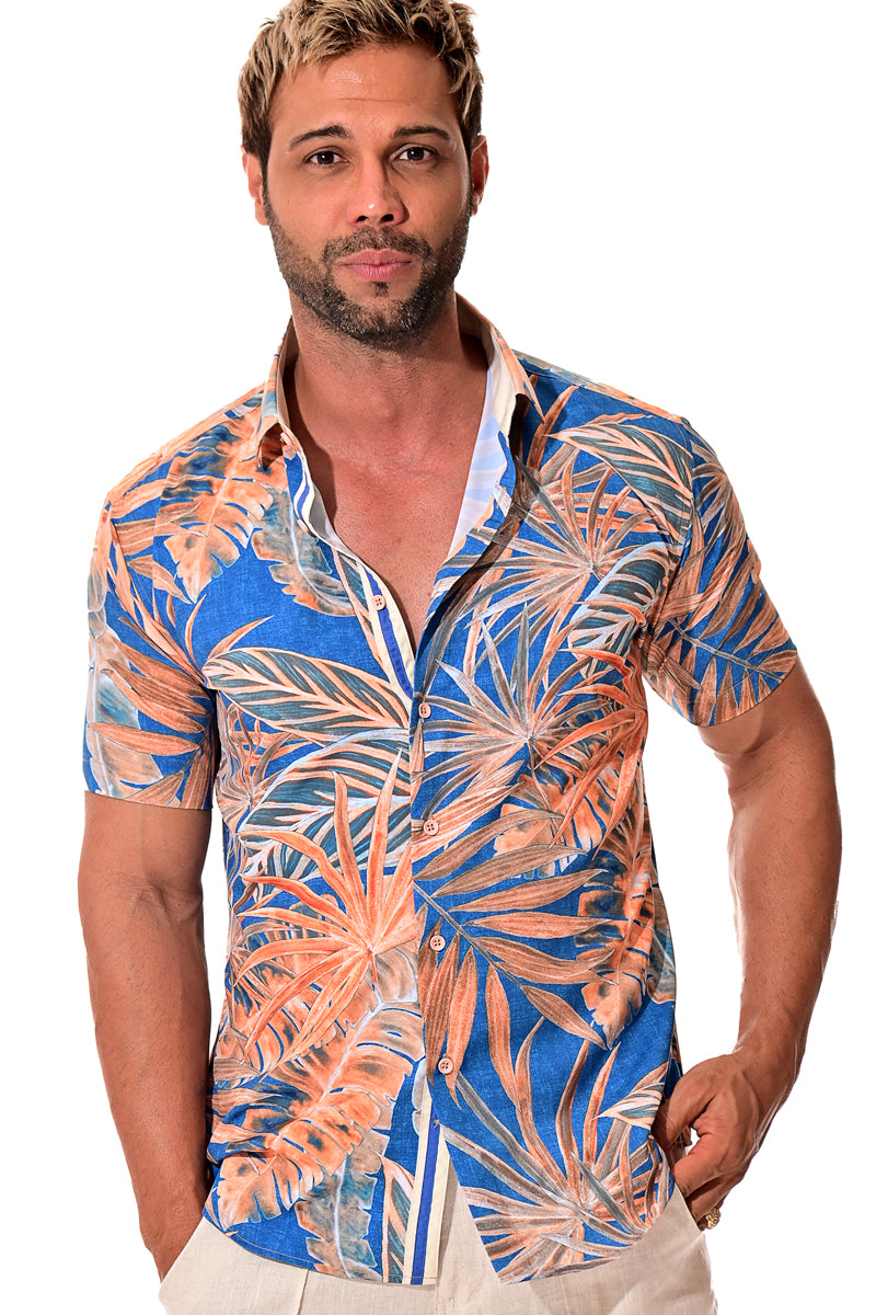 Men Cotton/Poly Spandex Leaf Print Short Sleeve Shirt - MCX3219