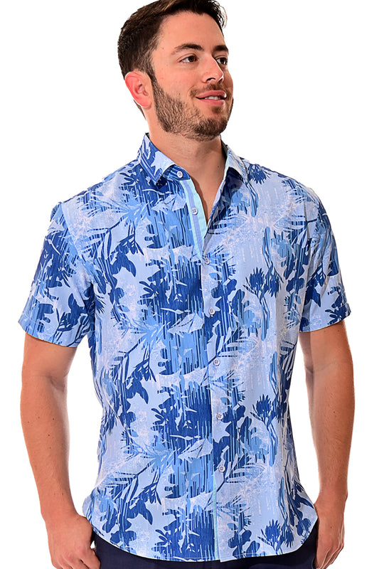 Men Cotton/Poly Spandex Leaf Print Short Sleeve Shirt - MCX3217