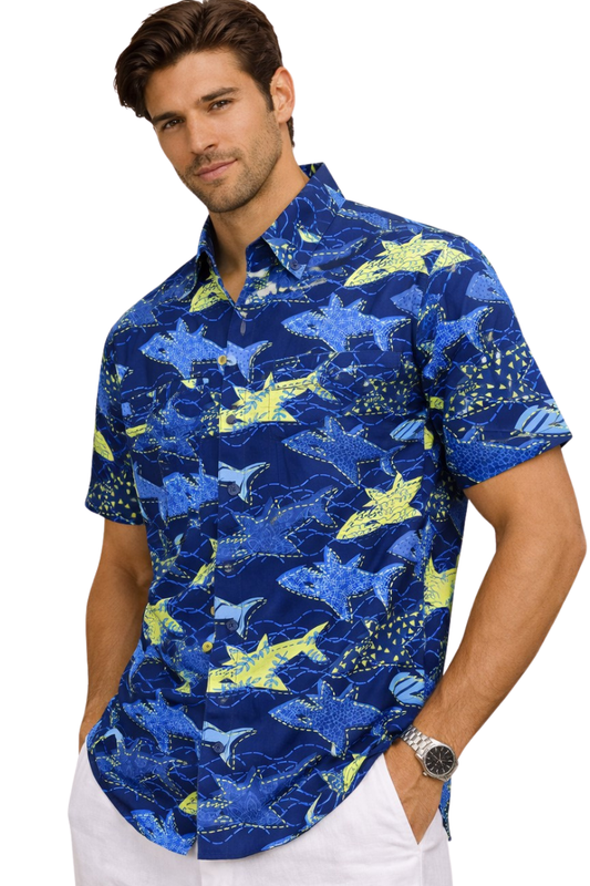 Camisa de Pescador BOHIO de Manga Corta Estampado de Tiburón con Ventilación en la Espalda para Hombre – MCX3826 - 6 UNID/PRE-EMPAQUE