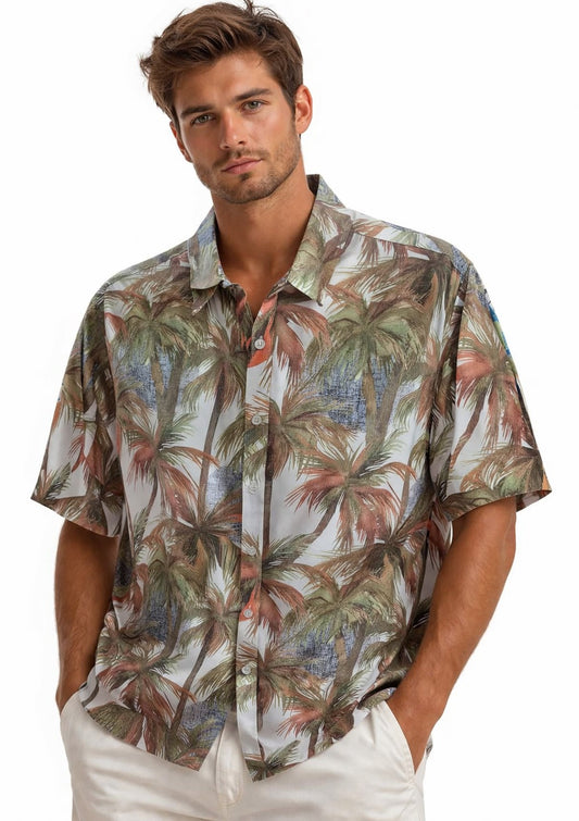 BOHIO Men’s Tropical Palm Print Short Sleeve Casual Shirt – MCX3828