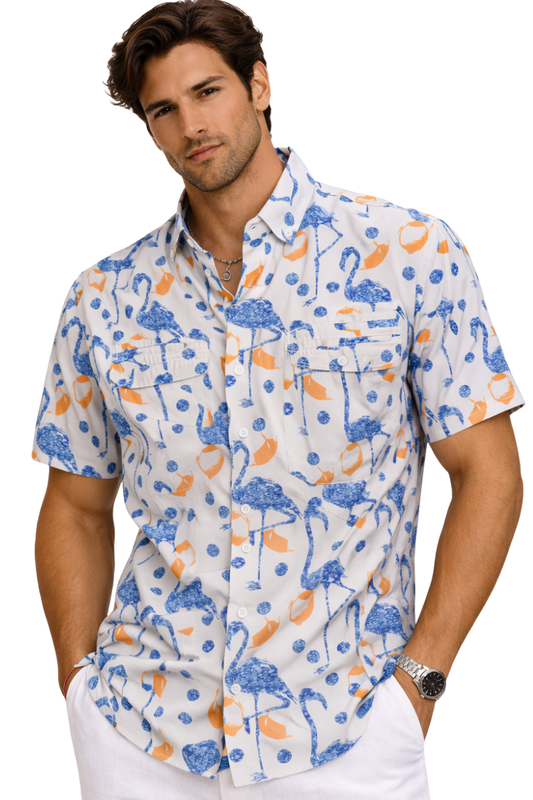 Camisa de Pescador BOHIO de Hombre con Estampado de Flamencos, Manga Corta y Ventilación Trasera – MCX3829 6 UNIDADES/PRE-EMPAQUE