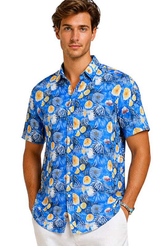 BOHIO Men’s Tropical Shell Print Short Sleeve Casual Shirt – MCX3831