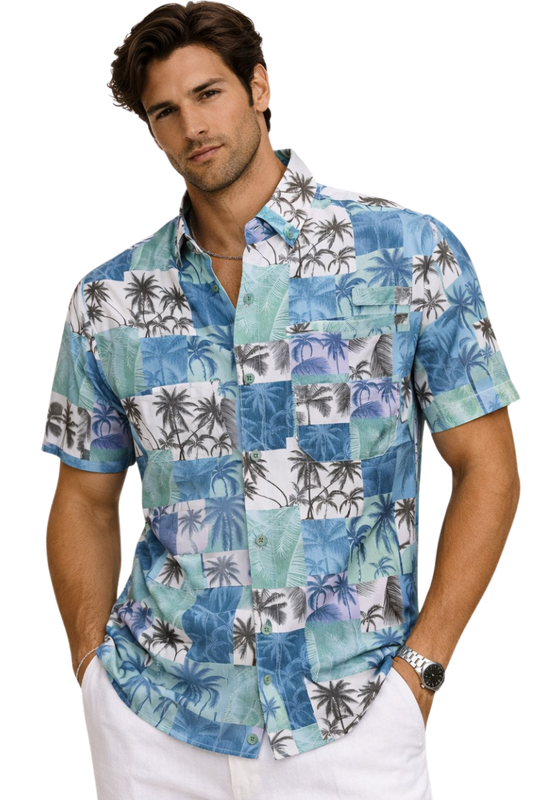 BOHIO Camisa de pescador de manga corta con estampado de patchwork de palma para hombre y abertura trasera – MCX3834