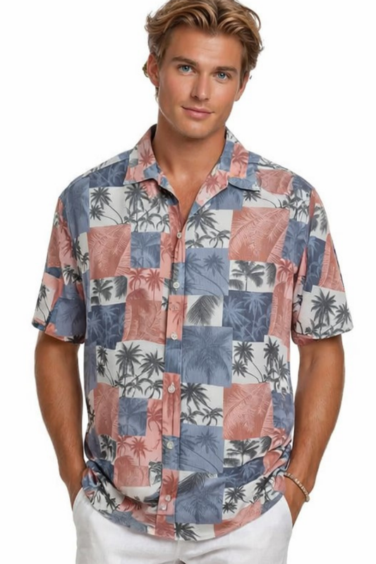 BOHIO Men’s Palm Patchwork Print Short Sleeve Casual Shirt – MCX3836