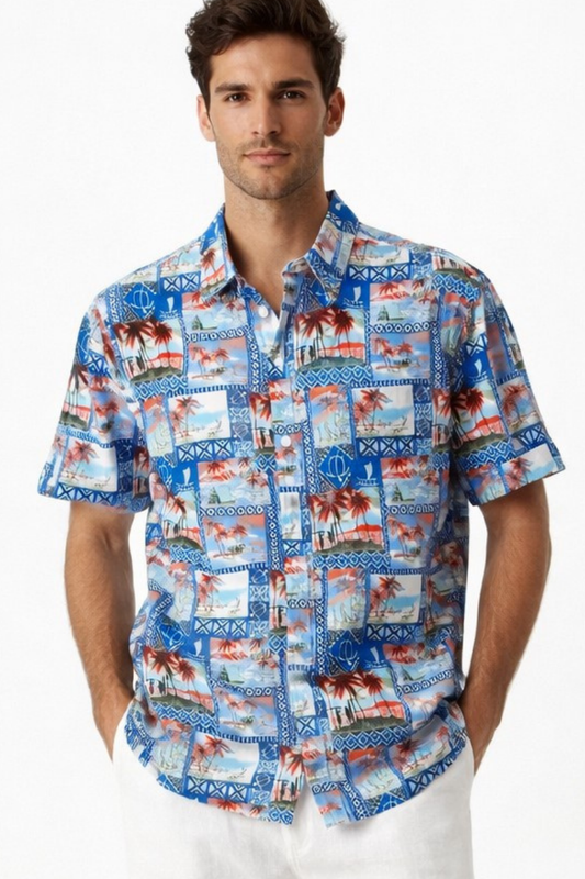 BOHIO Men’s Tropical Scenic Patchwork Print Short Sleeve Casual Shirt – MCX3840