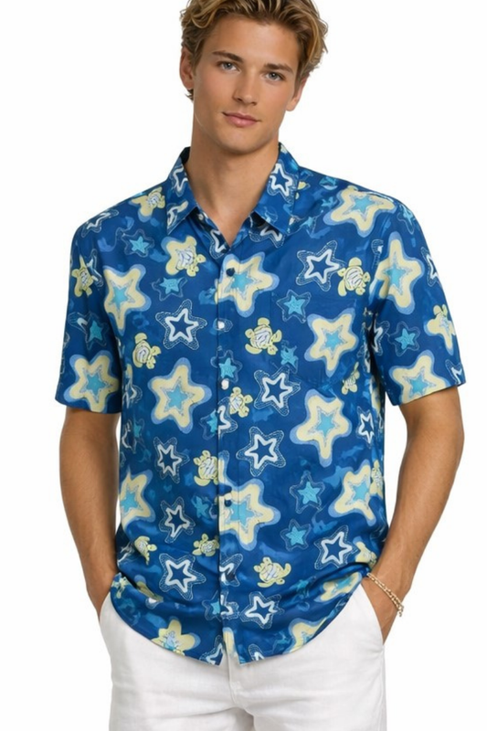 BOHIO Men’s Coastal Starfish Print Short Sleeve Casual Shirt – MCX3842