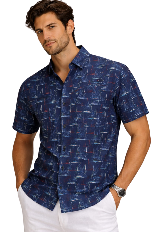 Camisa de Pescador BOHIO para Hombre con Estampado de Velero, Manga Corta y Ventilación Trasera – MCX3843 - Paquete de 6 unidades.