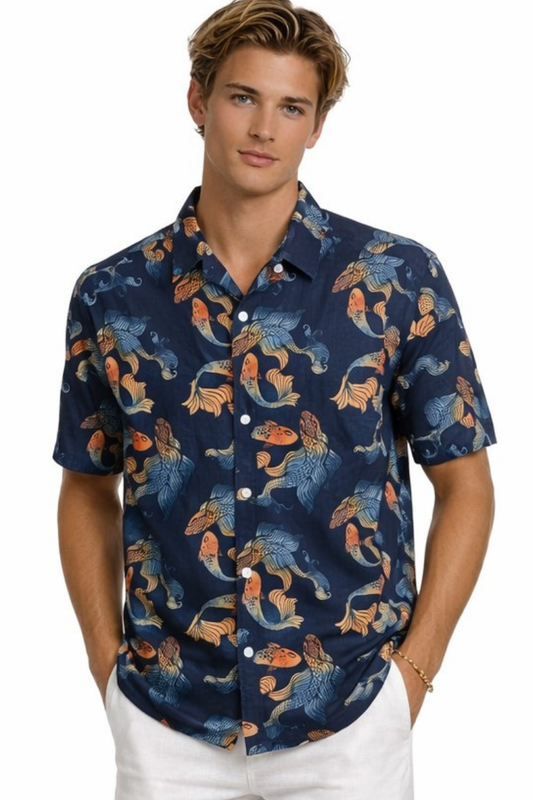 BOHIO Men’s Tropical Fish Print Short Sleeve Casual Shirt – MCX3844