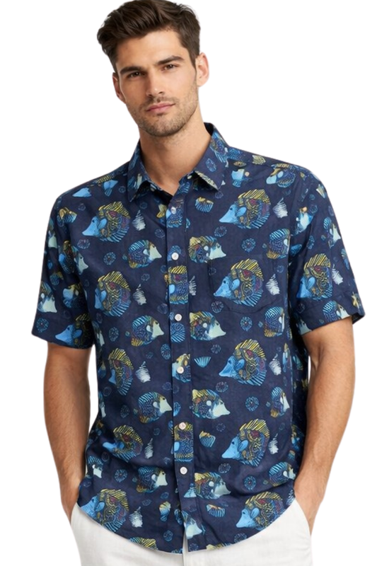 BOHIO Men’s Tropical Fish Print Short Sleeve Casual Shirt – MCX3846