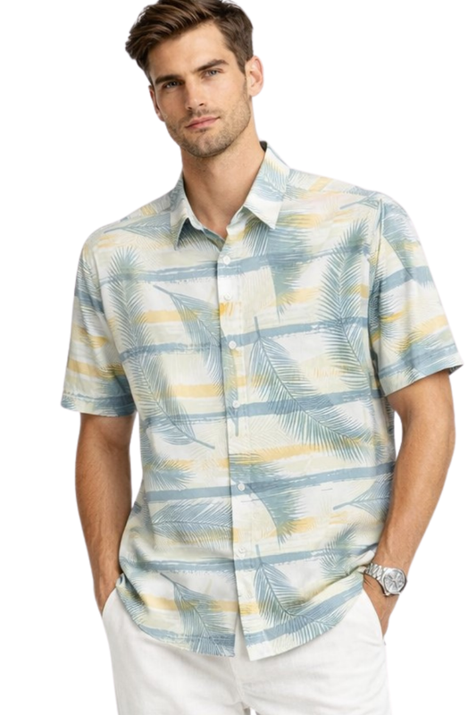 Camisa casual de manga corta con estampado de hojas de palma para hombre BOHIO – MCX3847