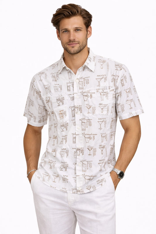 Camisa de Pescador BOHIO para Hombre con Estampado de Cócteles y Mangas Cortas con Aberturas Traseras – MCX3911