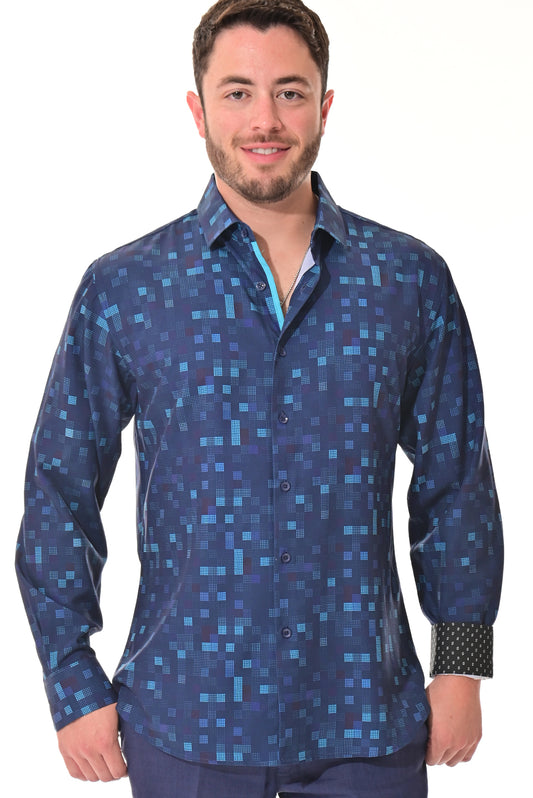Men's L/S Button Down Shirt w/Contrast Cuff by BOHIO - Navy/Aqua - MKS3140 - 6 PCS/PRE-PACK