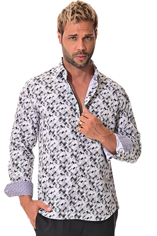 Men's L/S Button Down Shirt w/Contrast Cuff by BOHIO - Grey/Black - MKS3141- 6 PCS/PRE-PACK