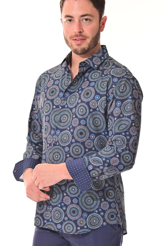 Men's L/S Button Down Shirt w/Contrast Cuff by BOHIO - NAVY/PRINT - MKS3143 - 6 PCS/PRE-PACK