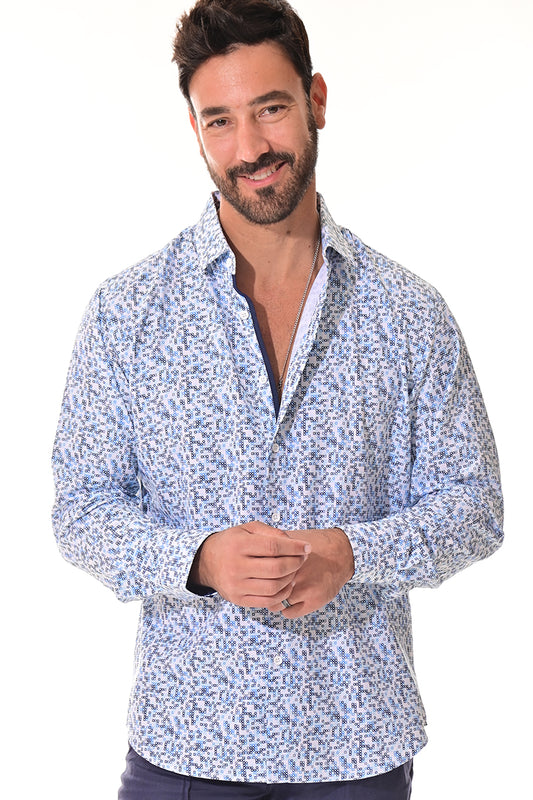 Men's L/S Button Down Shirt w/Contrast Cuff by BOHIO - WHITE/NAVY -MKS3167 -6 PCS/PRE-PACK