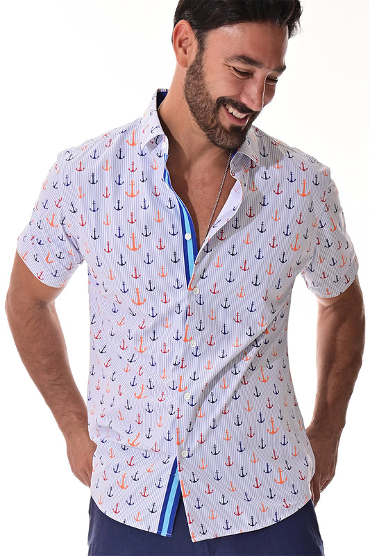 Men's S/S Button Down Shirt fashion Print by BOHIO - BLUE/PRINT - MKS3173 - 6 PCS/PRE-PACK