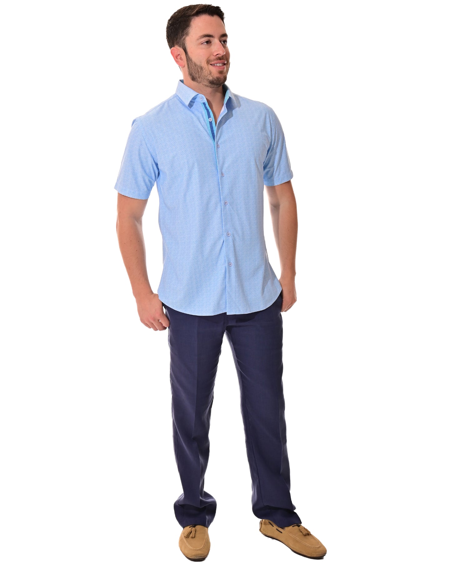 Men's S/S Button Down Shirt fashion Print by BOHIO - BLUE/PRINT - MKS3176 - 6 PCS/PRE-PACK