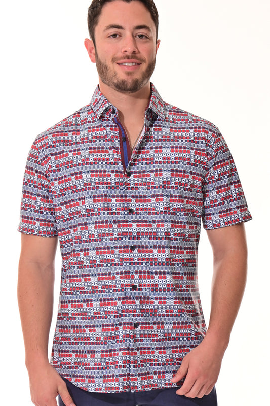 Men's S/S Button Down Shirt fashion Print by BOHIO - BURGUNDY/PRINT - MKS3179 - 6 PCS/PRE-PACK