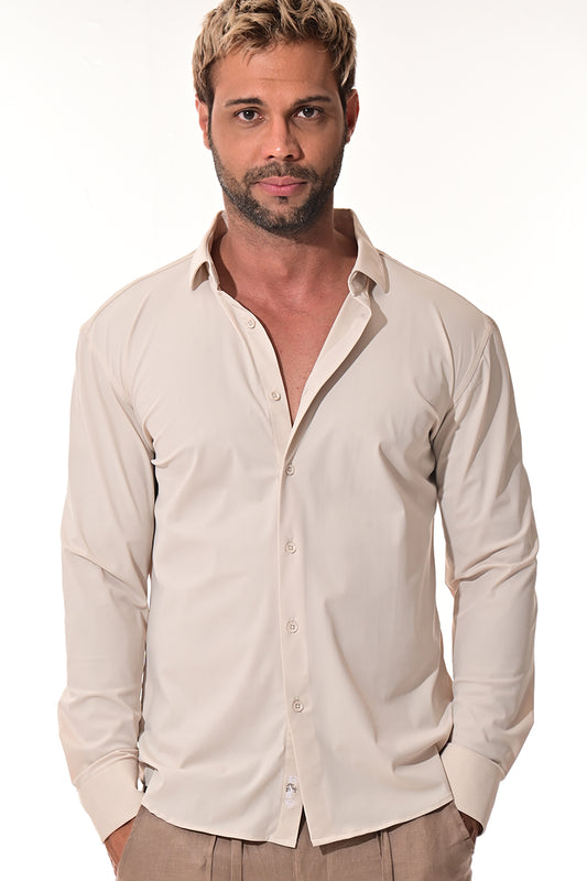 Men's Performance L/S Button-Down Stretch Shirt Solid by BOHIO - BEIGE - COLOR OPTIONS - MKSP3213 - 6 PCS/PRE-PACK