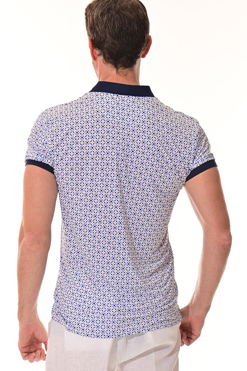 Men's Polo Shirt Cool Feel Fashion Print Golf S/S White/Blue - MKT3147
