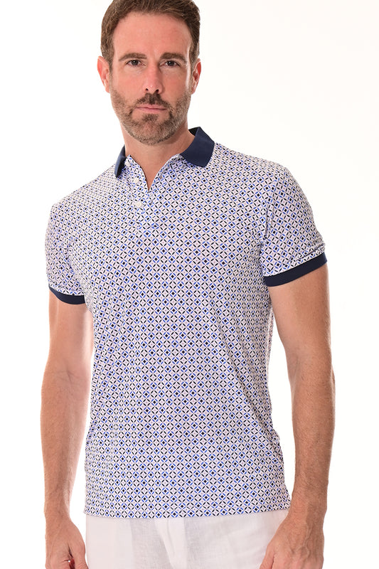 Men's Polo Shirt Cool Feel Fashion Print Golf S/S White/Blue - MKT3147 - 6 PCS/PRE-PACK