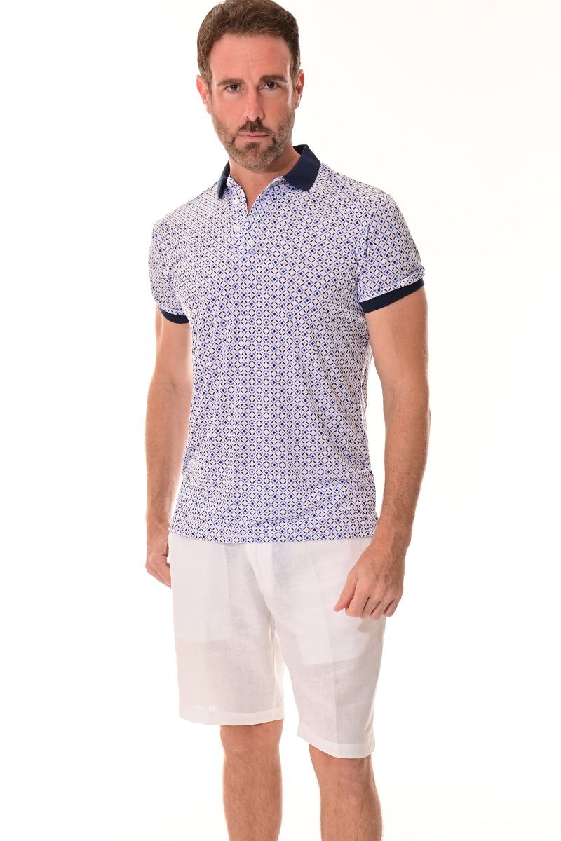 Men's Polo Shirt Cool Feel Fashion Print Golf S/S White/Blue - MKT3147