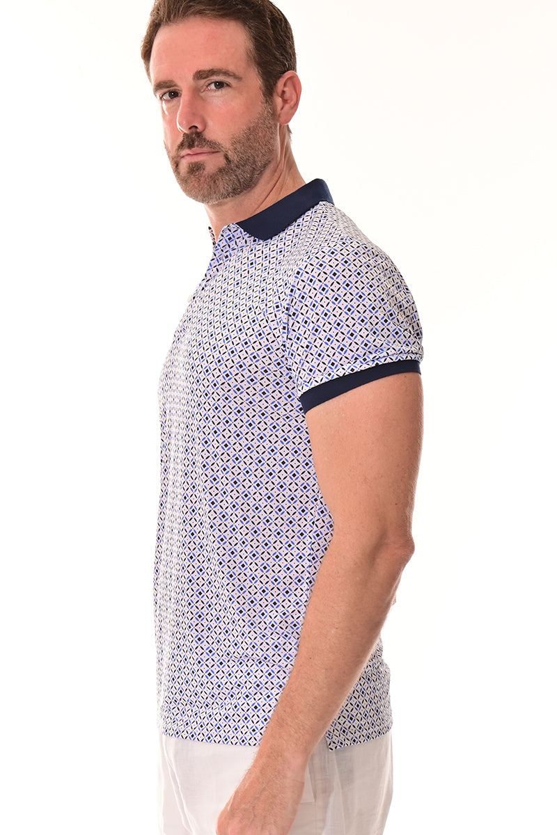Men's Polo Shirt Cool Feel Fashion Print Golf S/S White/Blue - MKT3147