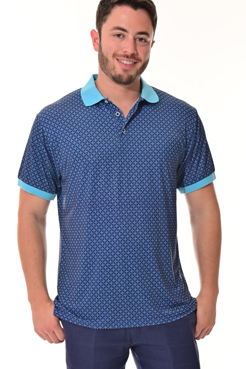 Men's Polo Shirt Cool Feel Fashion Print Golf S/S NAVY/TEAL - MKT3299