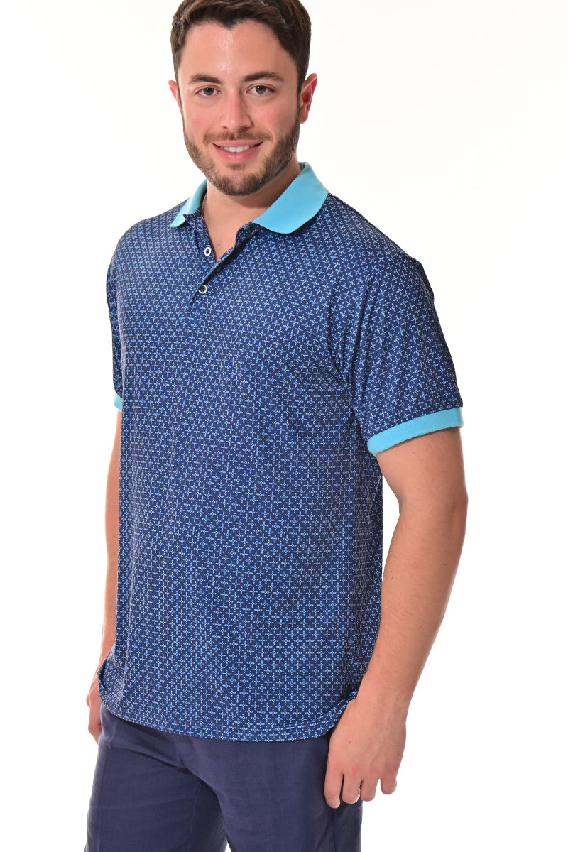 Men's Polo Shirt Cool Feel Fashion Print Golf S/S NAVY/TEAL - MKT3299