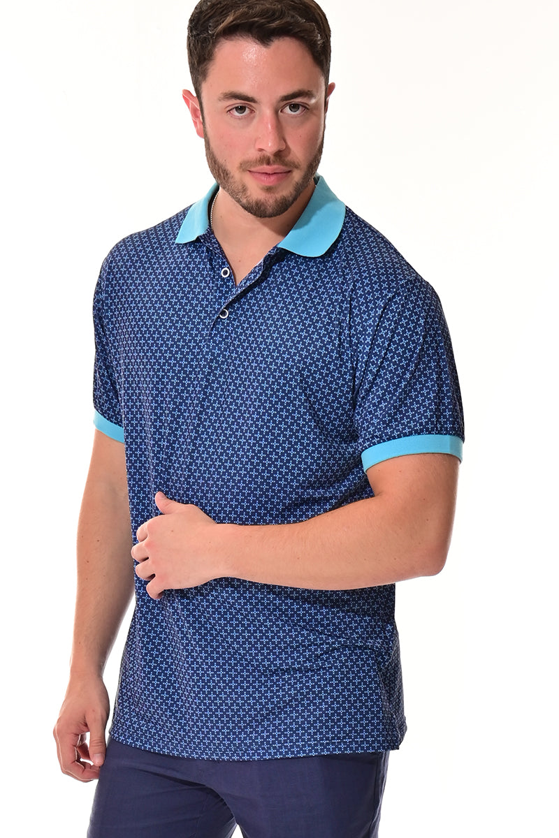 Men's Polo Shirt Cool Feel Fashion Print Golf S/S NAVY/TEAL - MKT3299