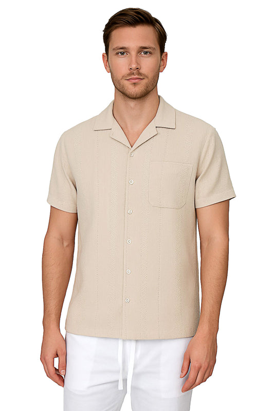 Men's S/S Embroidered Poly/Spandex Stretch Shirt-BEIGE-Color Options-MKTF3282 - 6 PCS/PRE-PACK