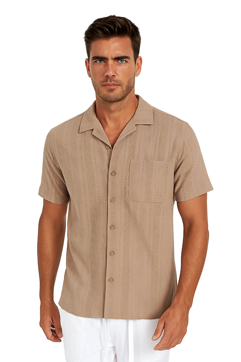 Men's S/S Embroidered Poly/Spandex Stretch Shirt-BEIGE-Color Options-MKTF3282 - 6 PCS/PRE-PACK